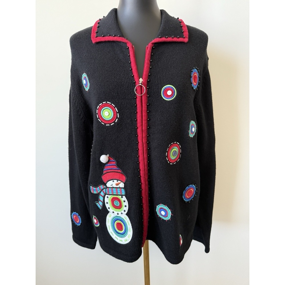 Timberlea Women's XL Snowman Cardigan Black Colorful Embroidery NWT New Holiday